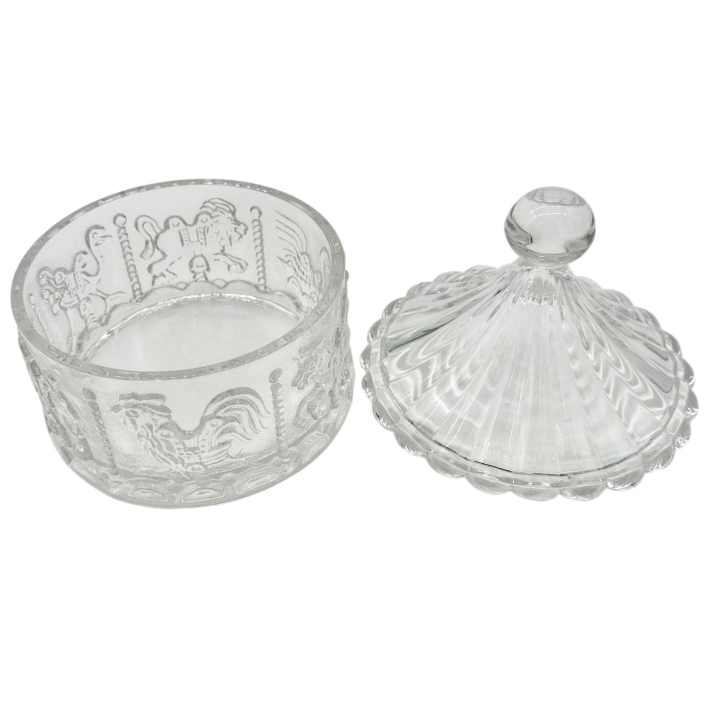 Carousel-Shaped Clear Glass Candy Dish With Lid Featuring Carousel Animals