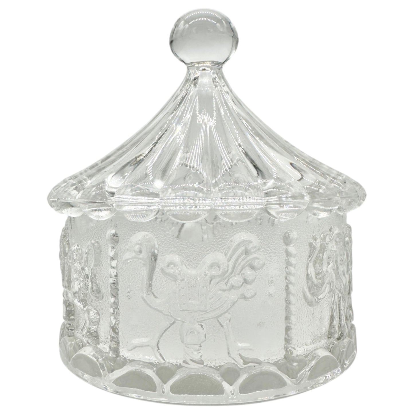 Carousel-Shaped Clear Glass Candy Dish With Lid Featuring Carousel Animals