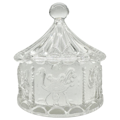 Carousel-Shaped Clear Glass Candy Dish With Lid Featuring Carousel Animals