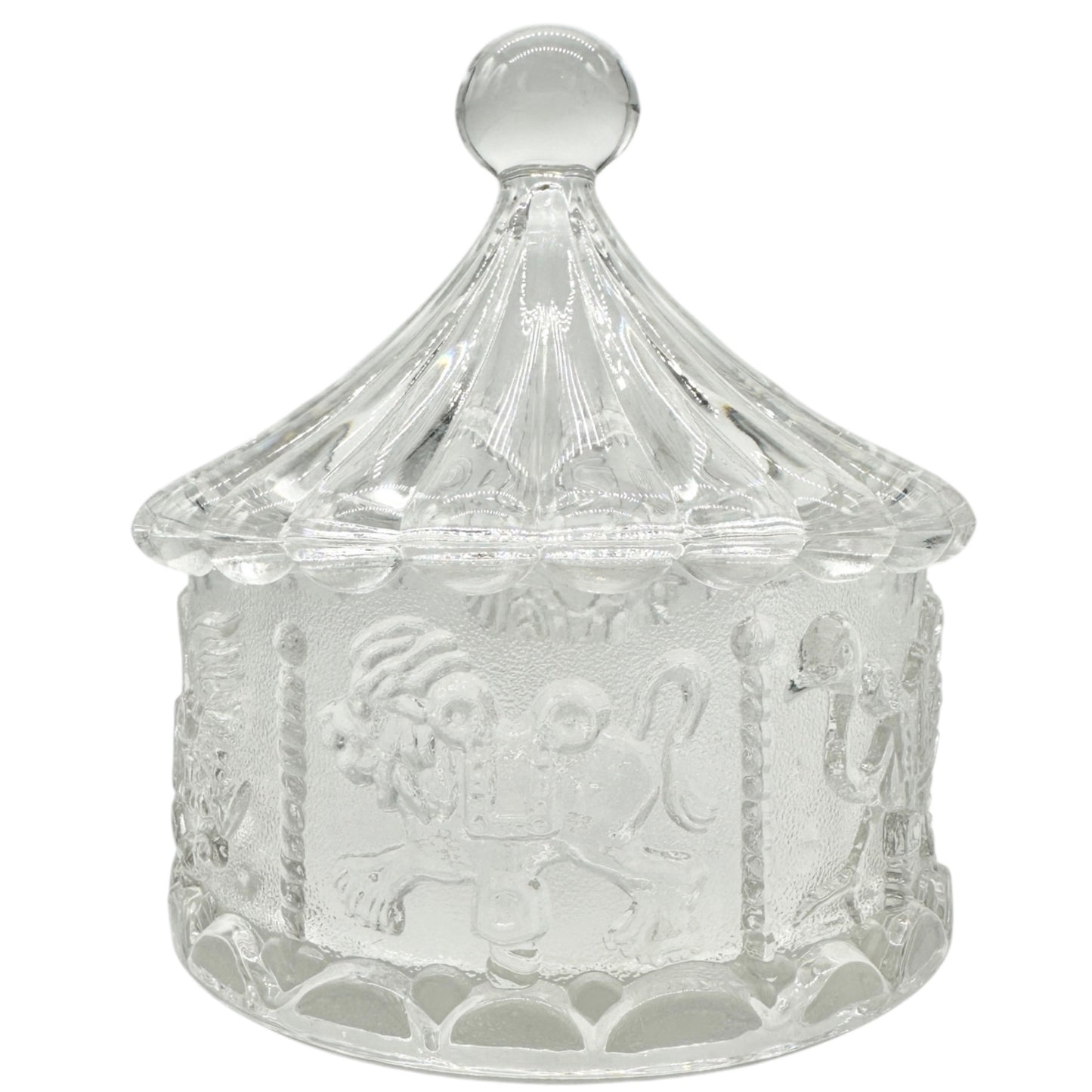 Carousel-Shaped Clear Glass Candy Dish With Lid Featuring Carousel Animals