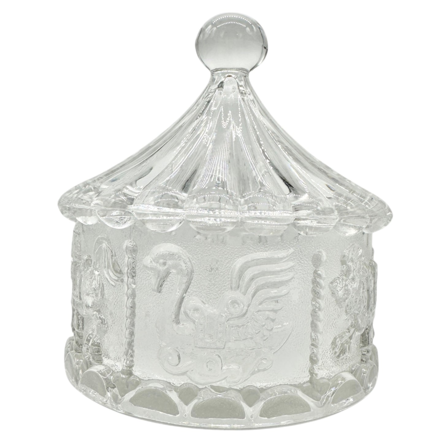Carousel-Shaped Clear Glass Candy Dish With Lid Featuring Carousel Animals