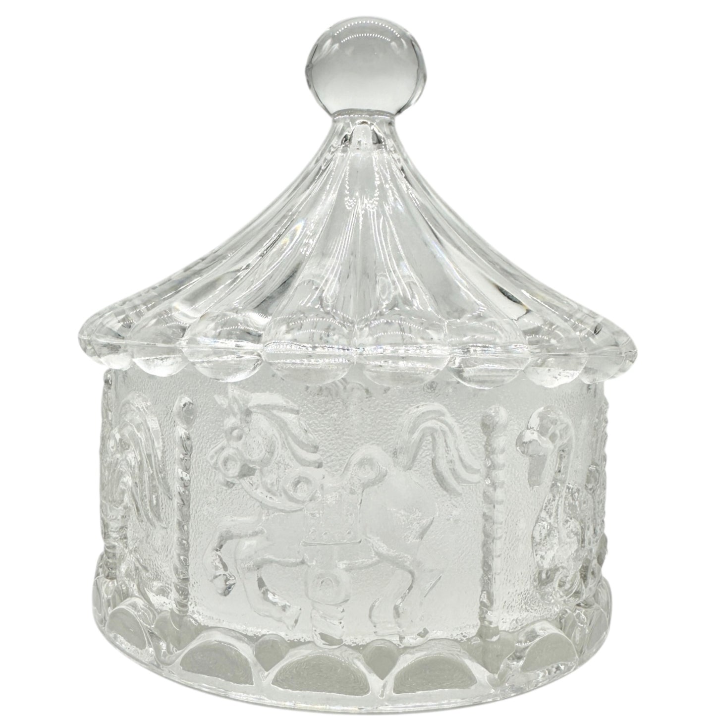 Carousel-Shaped Clear Glass Candy Dish With Lid Featuring Carousel Animals