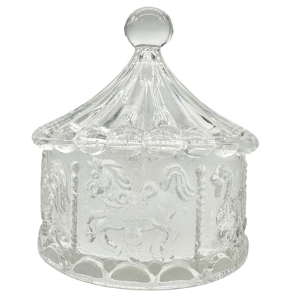 Carousel-Shaped Clear Glass Candy Dish With Lid Featuring Carousel Animals