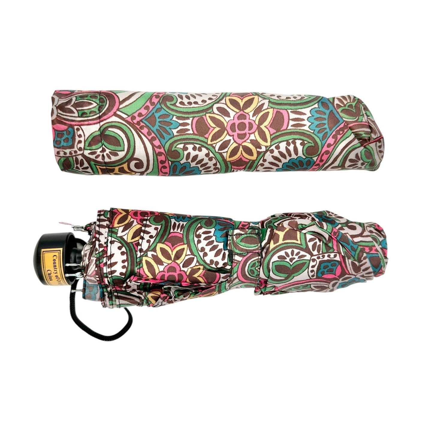Compact Colorful Folding Umbrella With Floral Paisley Pattern & Matching Sleeve