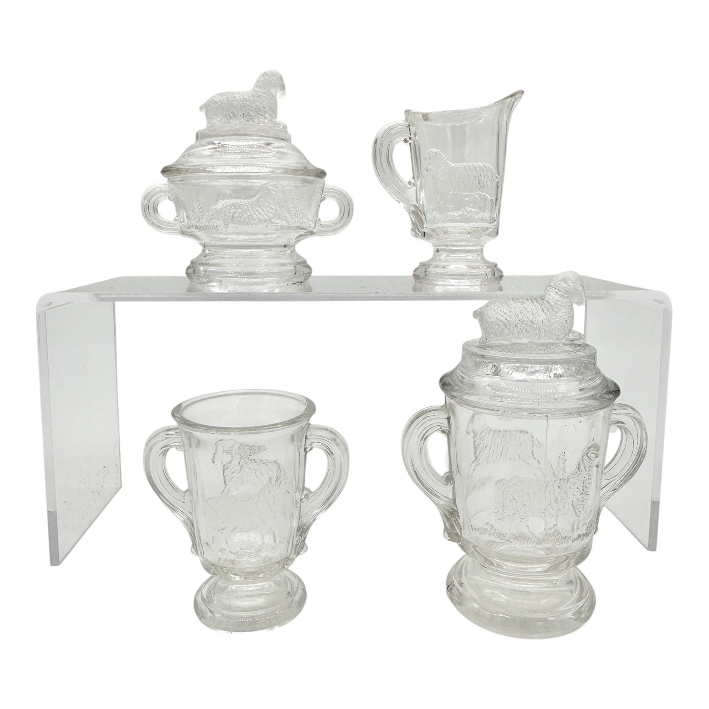 4 Pc Childrens Table Set Lamb Design Imperial Glass 1910 Clear Pressed Glass Vtg