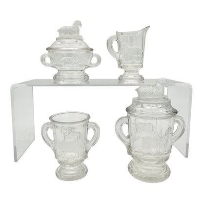 4 Pc Childrens Table Set Lamb Design Imperial Glass 1910 Clear Pressed Glass Vtg