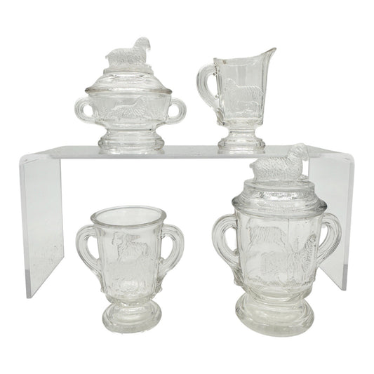 4 Pc Childrens Table Set Lamb Design Imperial Glass 1910 Clear Pressed Glass Vtg