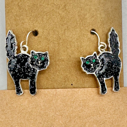Halloween Dangle Earrings Black Cat Green Eyes Metal Speckled Silvertone