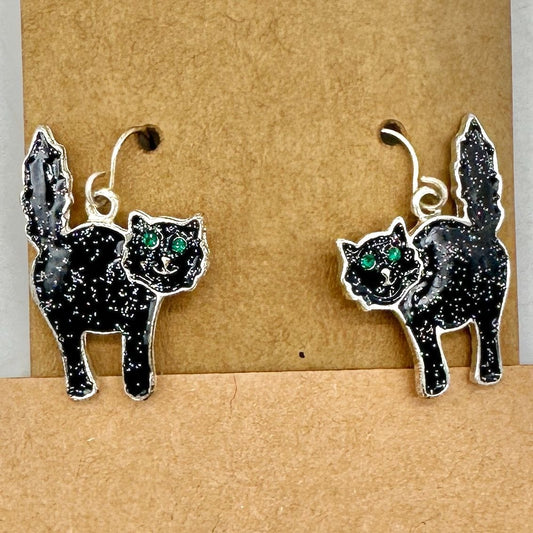 Halloween Dangle Earrings Black Cat Green Eyes Metal Speckled Silvertone