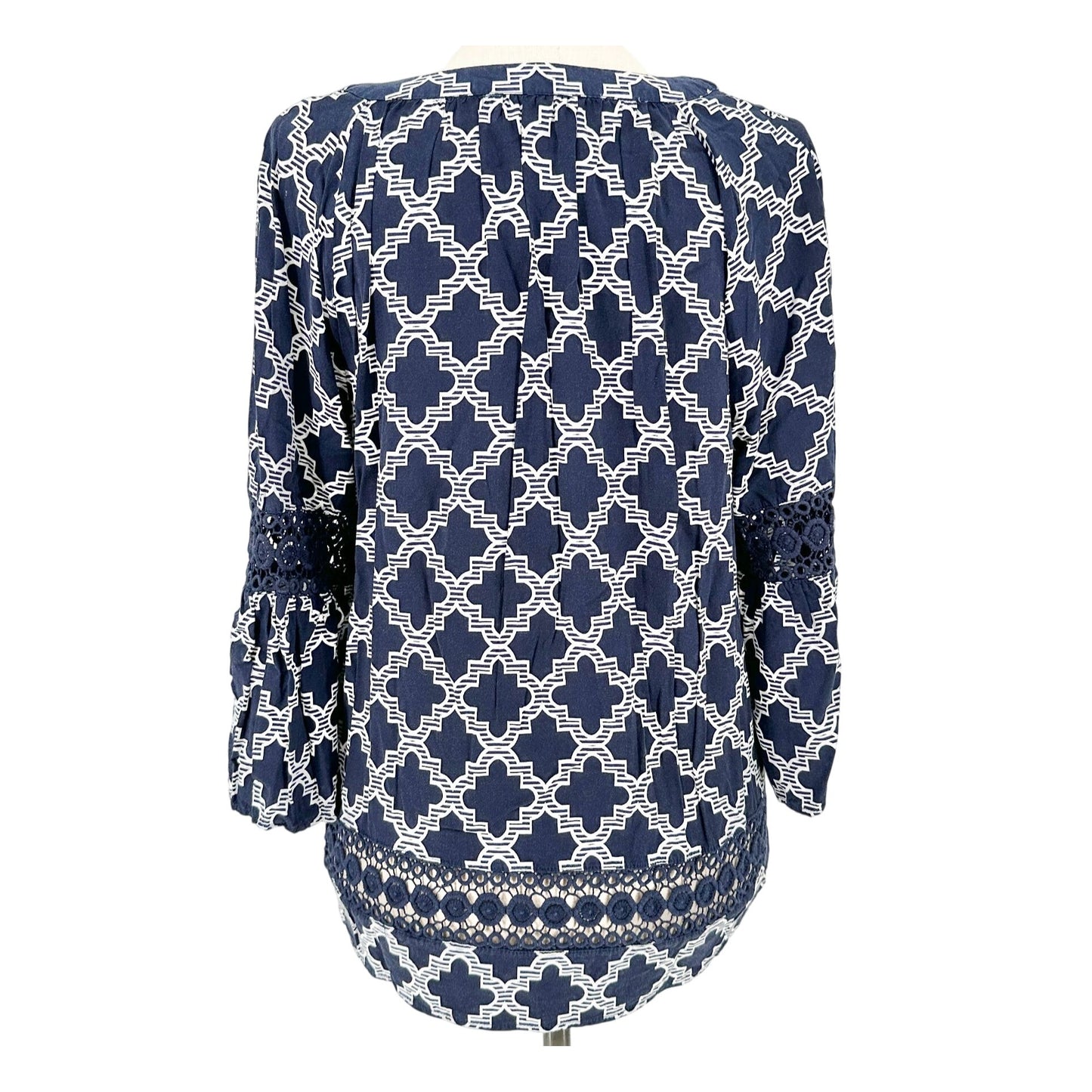 Womens 2X Top Navy White Geometric Print Crochet Sleeves by Crown & Ivy Curvy
