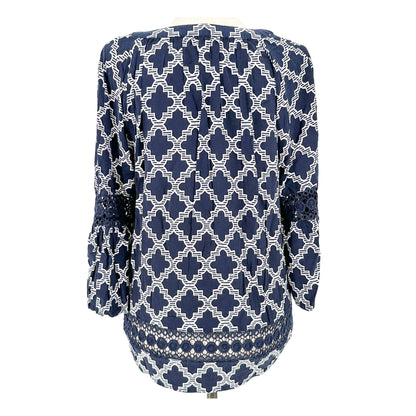 Womens 2X Top Navy White Geometric Print Crochet Sleeves by Crown & Ivy Curvy