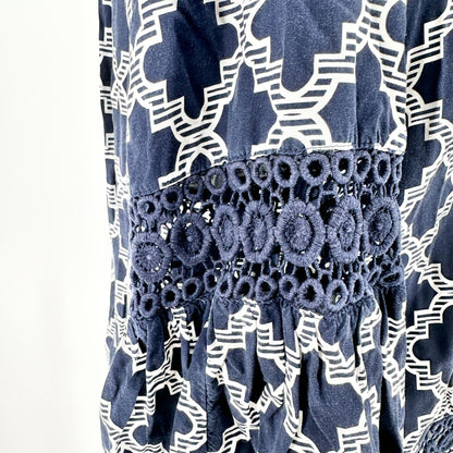 Womens 2X Top Navy White Geometric Print Crochet Sleeves by Crown & Ivy Curvy