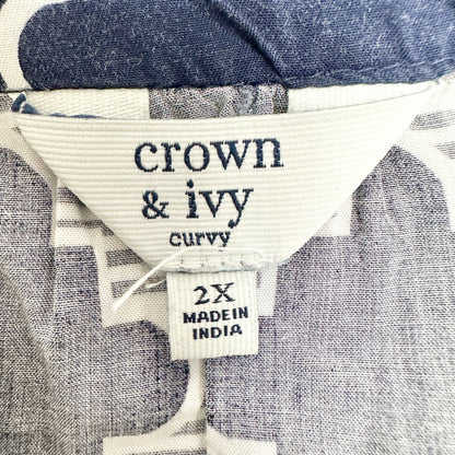 Womens 2X Top Navy White Geometric Print Crochet Sleeves by Crown & Ivy Curvy