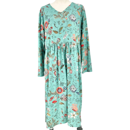 Womens Midi Dress Large/XL Floral Green LS With Pockets Lightweight Comfortable