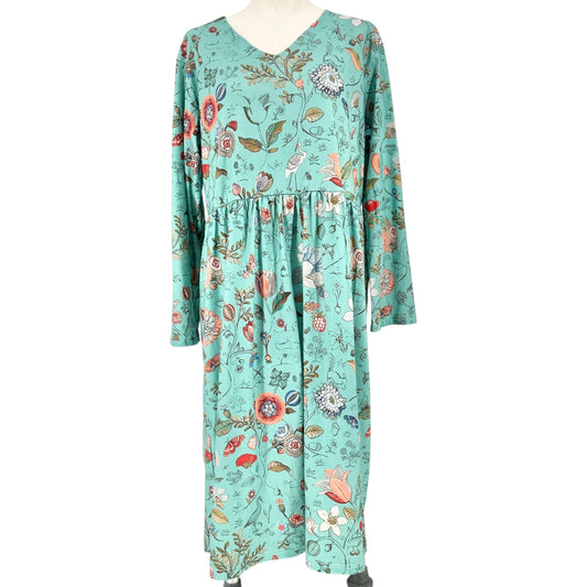 Womens Midi Dress Large/XL Floral Green LS With Pockets Lightweight Comfortable