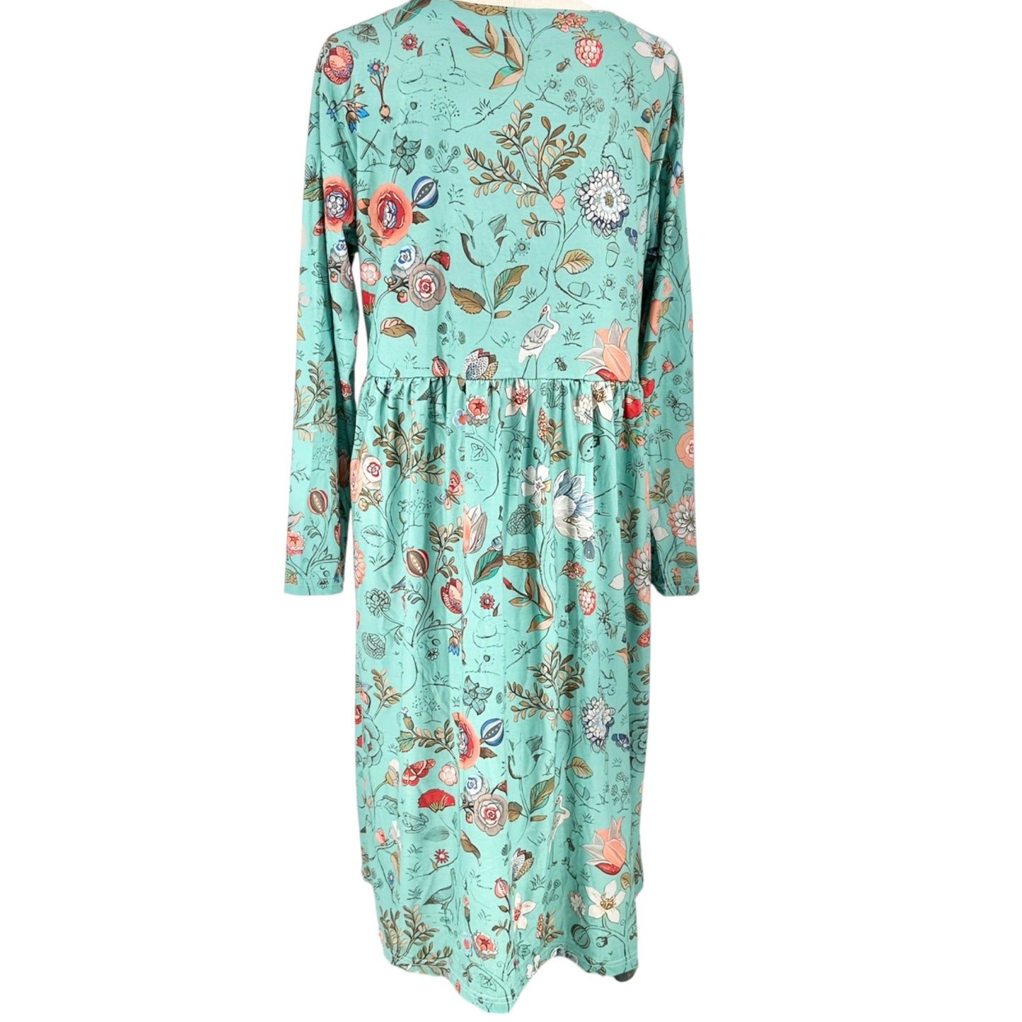 Womens Midi Dress Large/XL Floral Green LS With Pockets Lightweight Comfortable