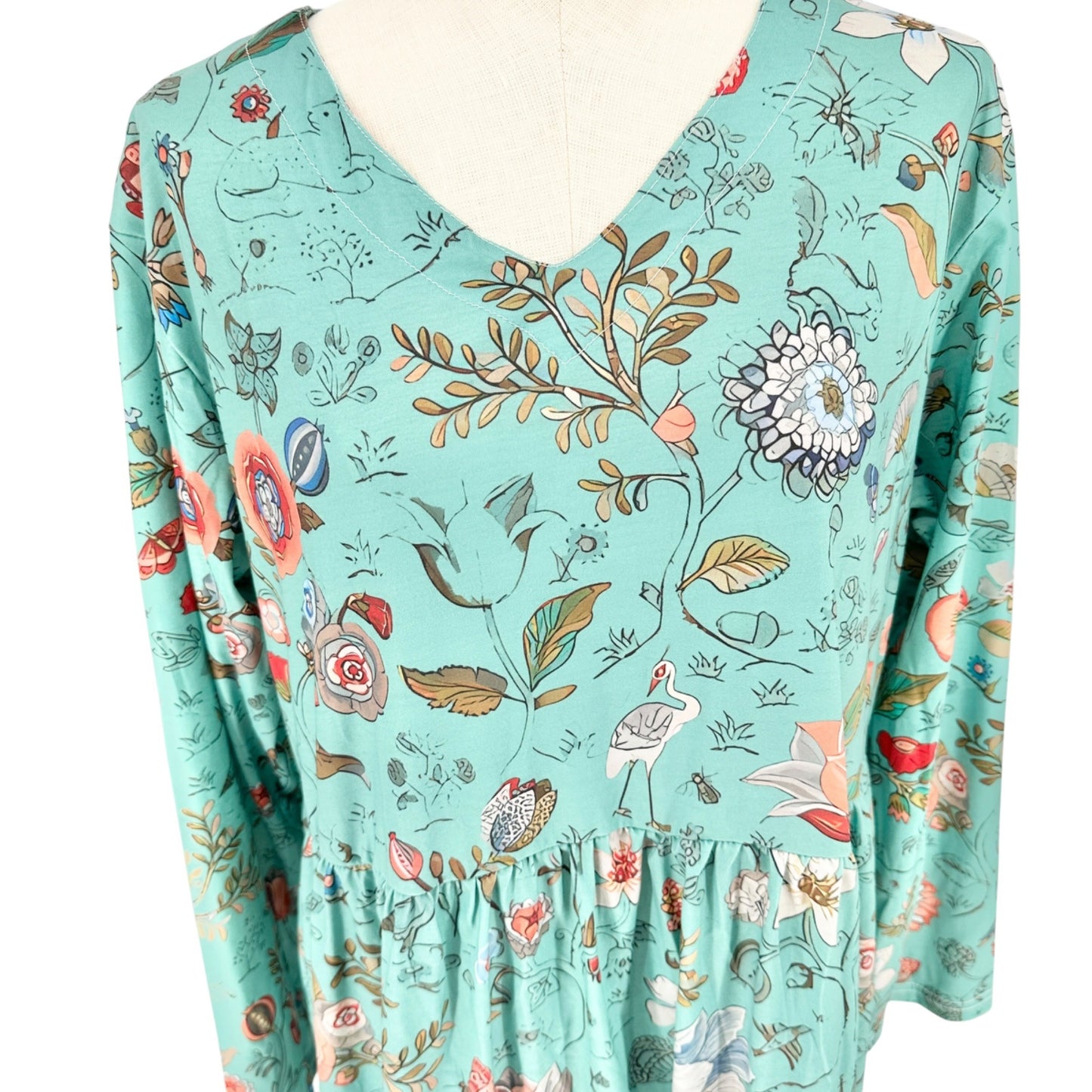 Womens Midi Dress Large/XL Floral Green LS With Pockets Lightweight Comfortable