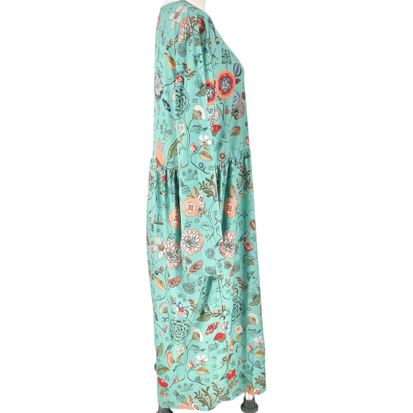 Womens Midi Dress Large/XL Floral Green LS With Pockets Lightweight Comfortable