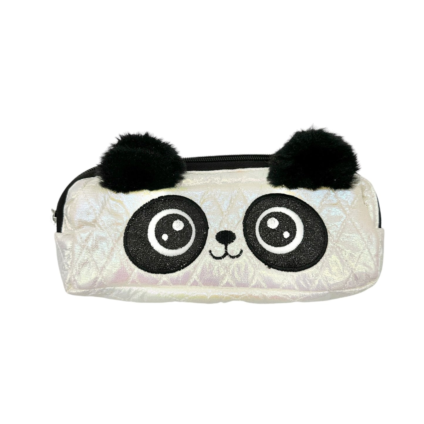 Panda Quilted Pencil OR Make Up Brush Case Pompoms Zipper Closure White Black