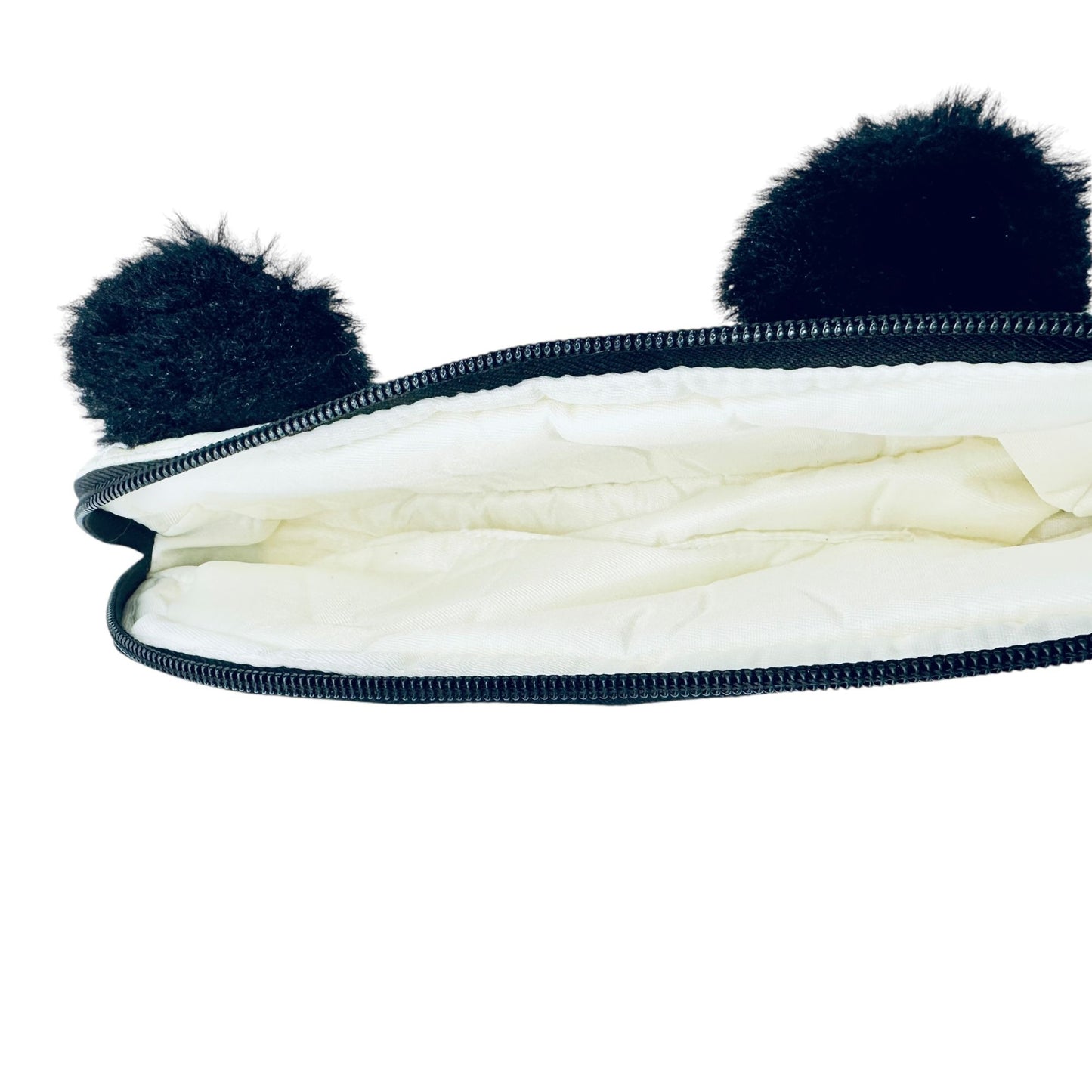 Panda Quilted Pencil OR Make Up Brush Case Pompoms Zipper Closure White Black