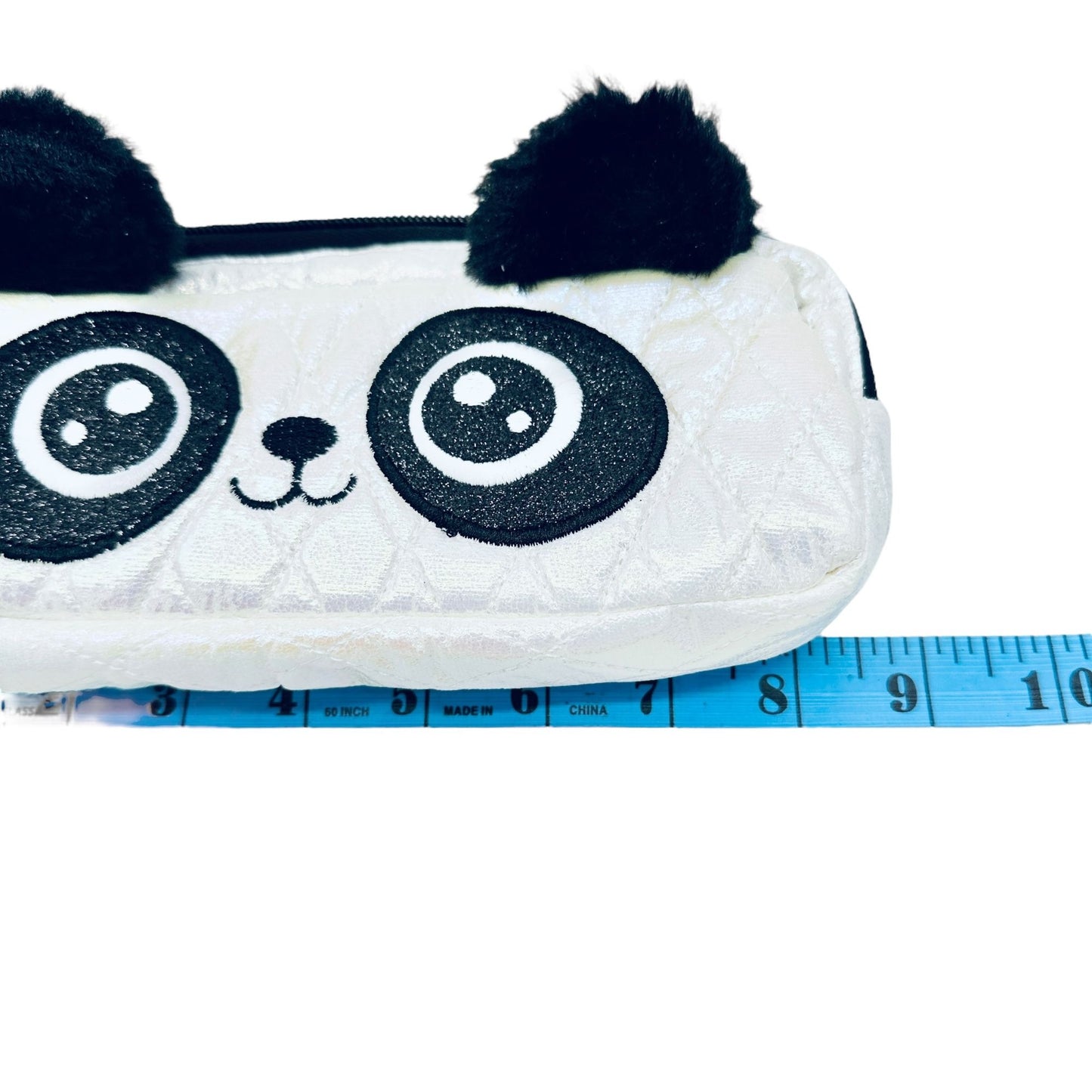 Panda Quilted Pencil OR Make Up Brush Case Pompoms Zipper Closure White Black