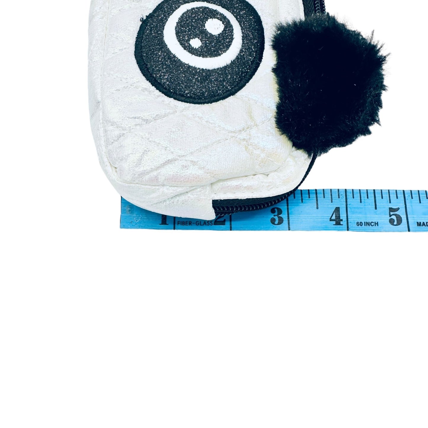 Panda Quilted Pencil OR Make Up Brush Case Pompoms Zipper Closure White Black