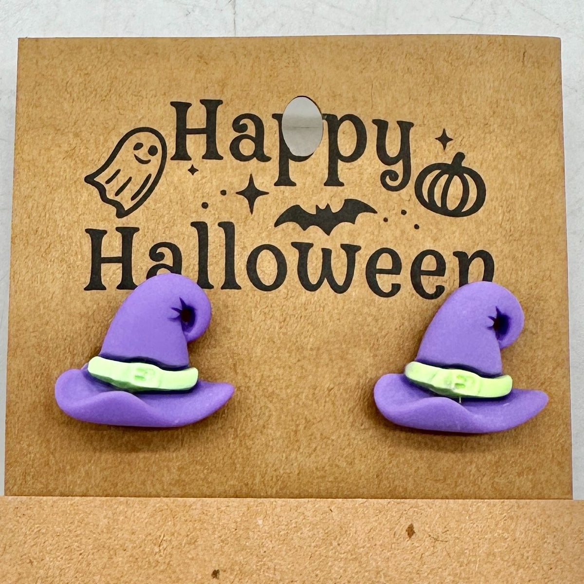Halloween Stud Earrings Witch Hats Purple Green Plastic Metal Post Backs
