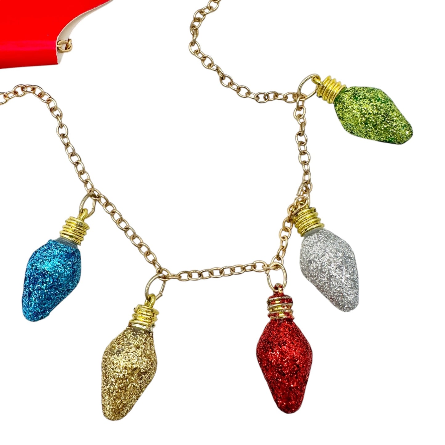 Festive Gold Chain Necklace Glittery Christmas Light Bulb Charms 2017 Design