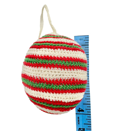 Vintage Handmade Crochet Ball Ornament Red White Green  4"