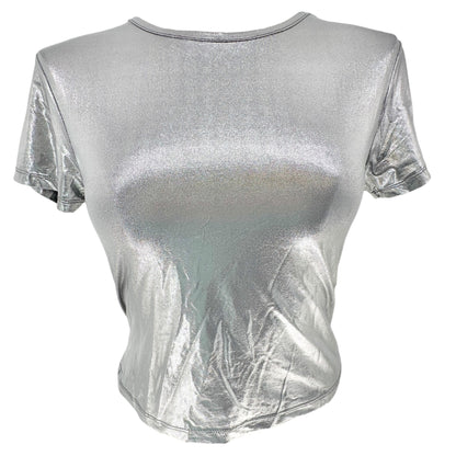 Love Streak Fitted Top Womens Size S Metallic Silver Short Sleeve Shiny Silky