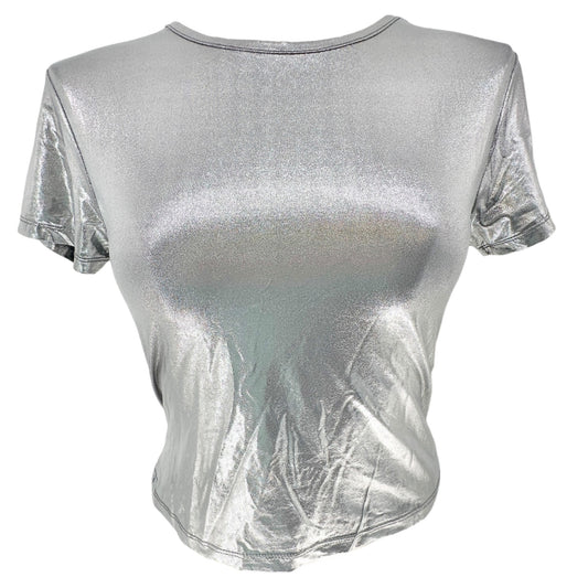Love Streak Fitted Top Womens Size S Metallic Silver Short Sleeve Shiny Silky