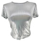 Love Streak Fitted Top Womens Size S Metallic Silver Short Sleeve Shiny Silky
