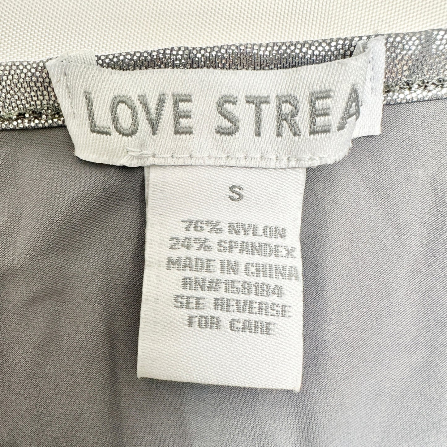 Love Streak Fitted Top Womens Size S Metallic Silver Short Sleeve Shiny Silky