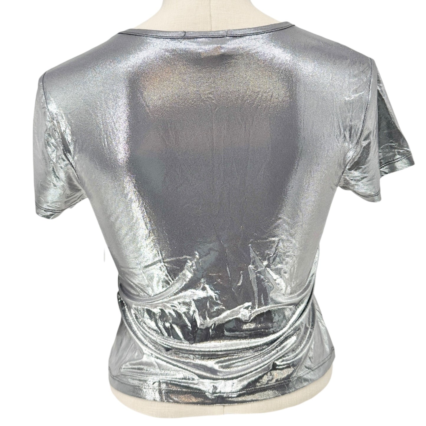 Love Streak Fitted Top Womens Size S Metallic Silver Short Sleeve Shiny Silky