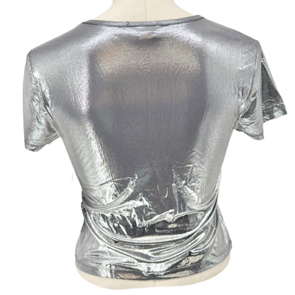 Love Streak Fitted Top Womens Size S Metallic Silver Short Sleeve Shiny Silky