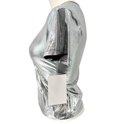 Love Streak Fitted Top Womens Size S Metallic Silver Short Sleeve Shiny Silky