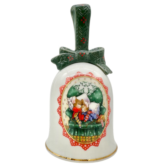 Avon Christmas 1990 Bell Ceramic White With Colorful Cozy Mouse Couple Design
