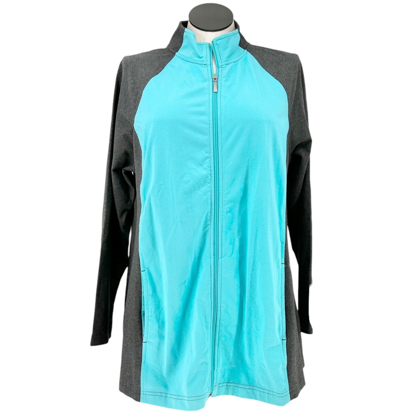 Athletic Jacket Womens 1X Two Tone Teal Gray LS Full Dual Zipper by D&Co Active