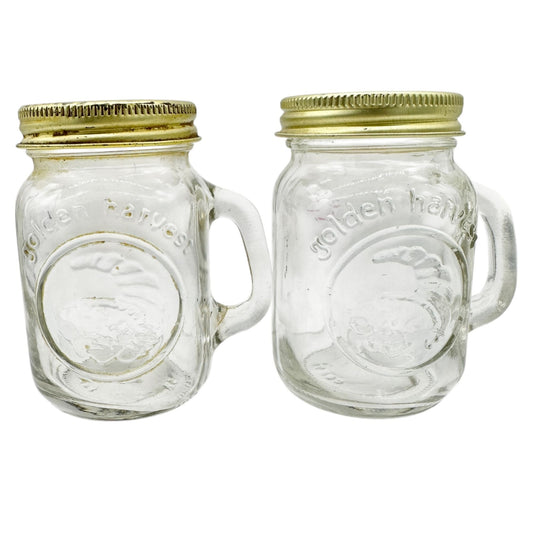 Golden Harvest Salt And Pepper Shakers 3.5 Inch Clear Glass With Gold Tops
