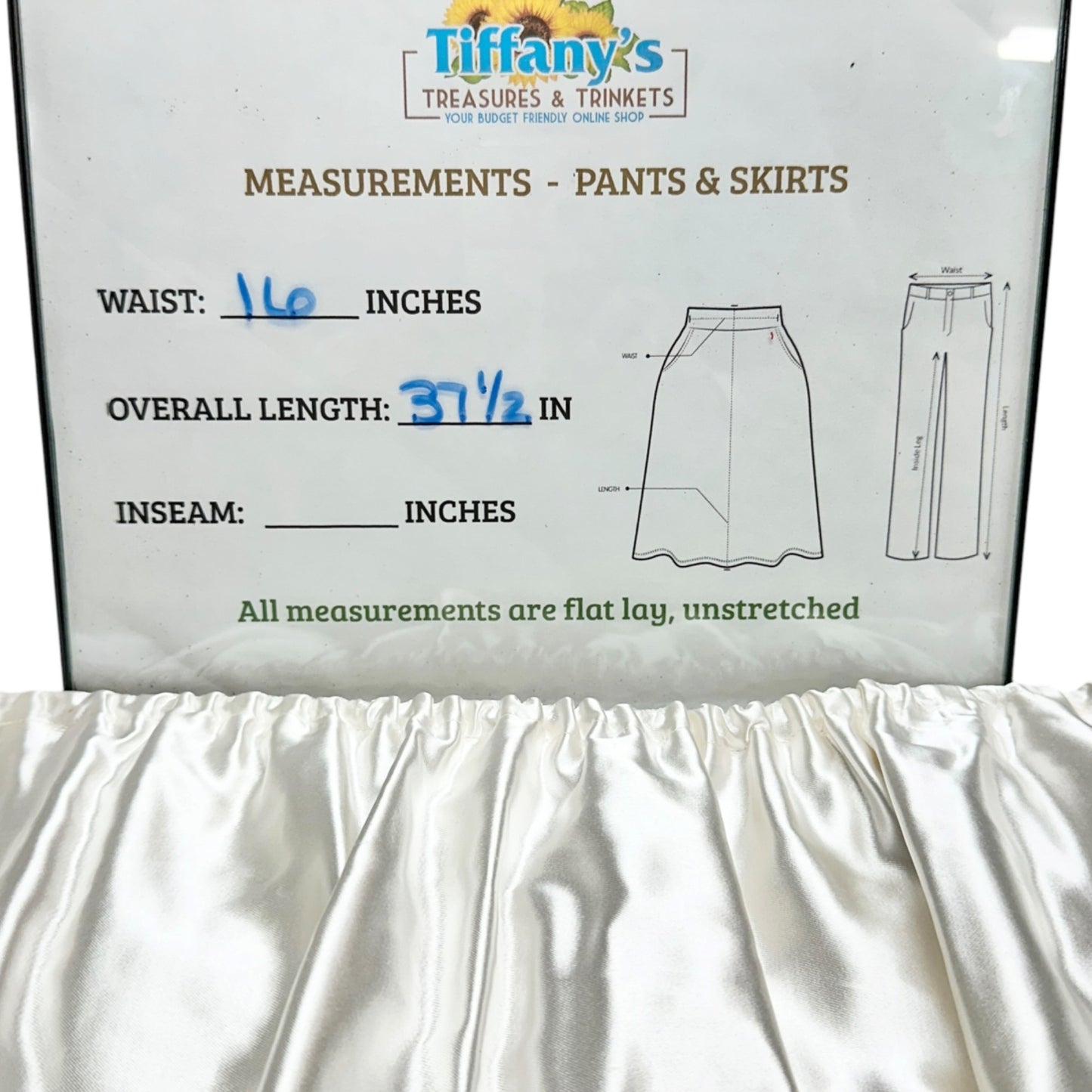 Handmade Cream Satin Full Length Skirt Elastic Waistband 32” Waist 37.5" Long