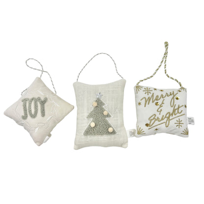 Set Of 3 Christmas Ornament Pillows With Joy Tree Merry Bright Designs White