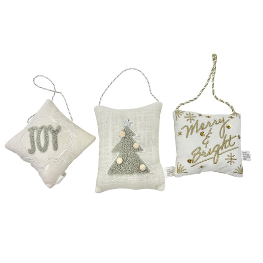 Set Of 3 Christmas Ornament Pillows With Joy Tree Merry Bright Designs White