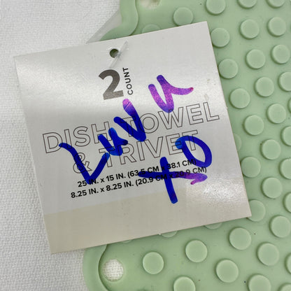 Kitchen Dish Towel and Silicone Trivet Set 2-Piece Green White Cotton Silicone