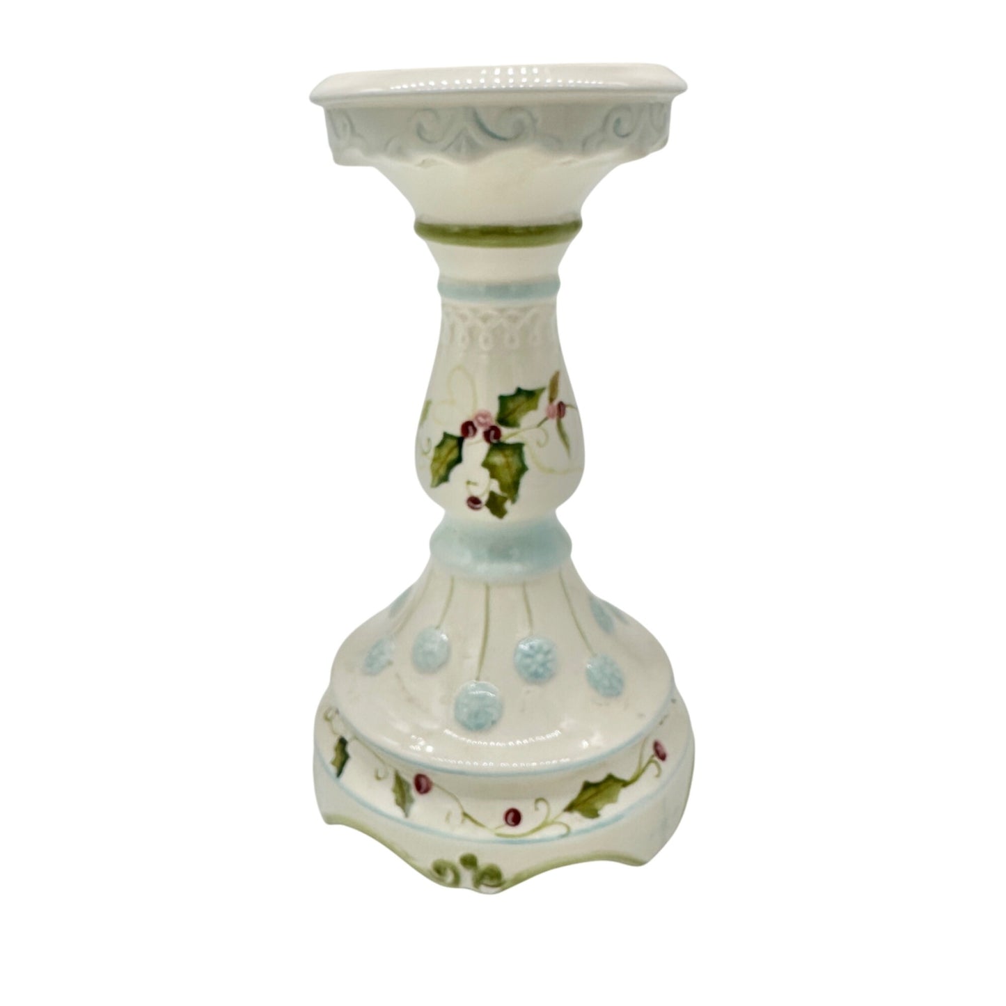 Tracy Porter Hand Painted Holiday Candle Holder Holly and Snowflake 9 inch Tall