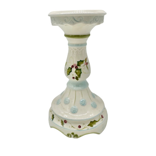 Tracy Porter Hand Painted Holiday Candle Holder Holly and Snowflake 9 inch Tall