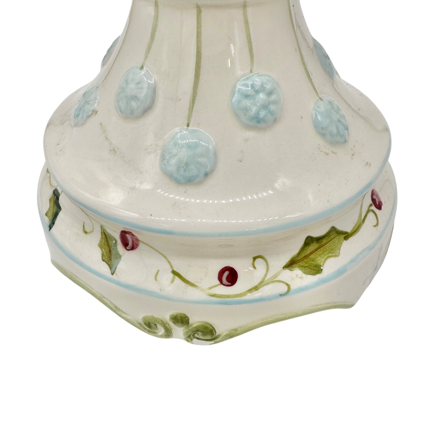 Tracy Porter Hand Painted Holiday Candle Holder Holly and Snowflake 9 inch Tall
