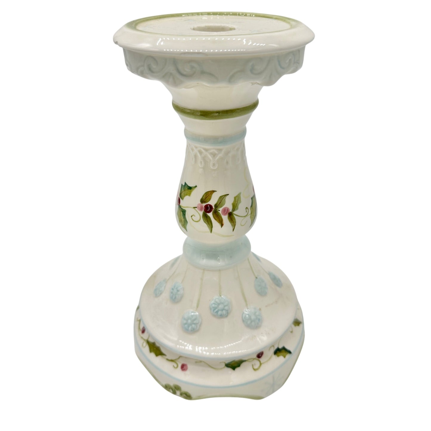 Tracy Porter Hand Painted Holiday Candle Holder Holly and Snowflake 9 inch Tall
