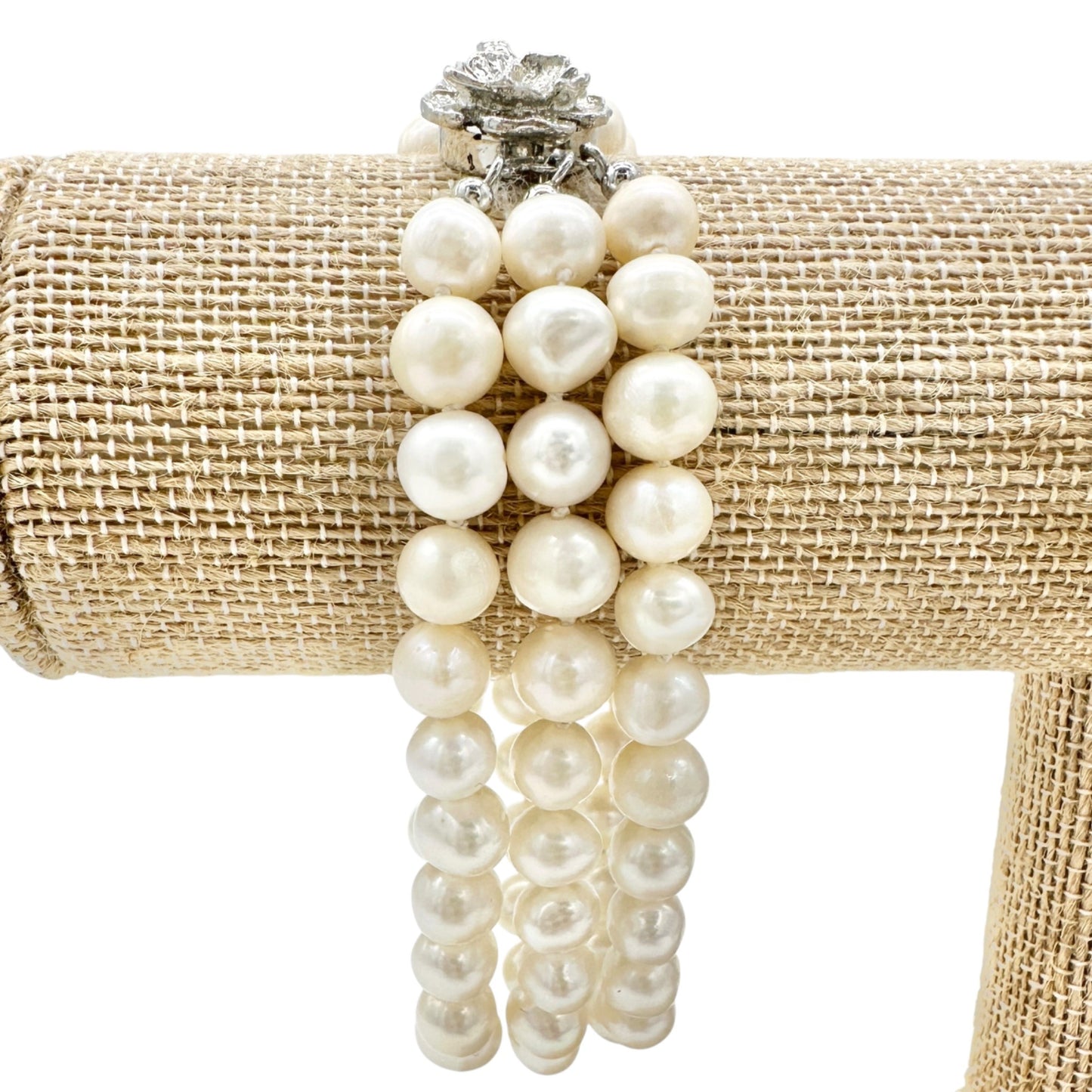 Vintage Triple Strand Faux Pearl Bracelet With Silver Flower Clasp 8 Inches Long