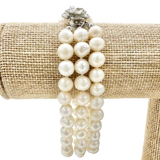 Vintage Triple Strand Faux Pearl Bracelet With Silver Flower Clasp 8 Inches Long