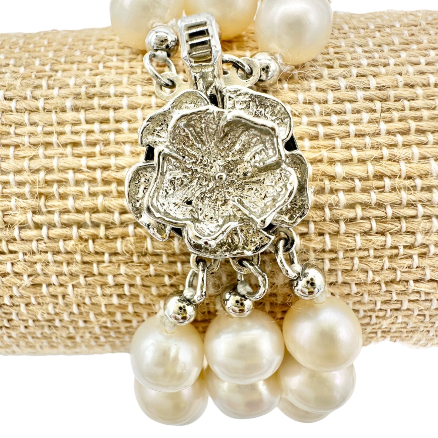 Vintage Triple Strand Faux Pearl Bracelet With Silver Flower Clasp 8 Inches Long
